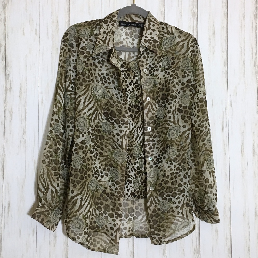 Animal Print Button Down Blouse w/ Sleeveless Top